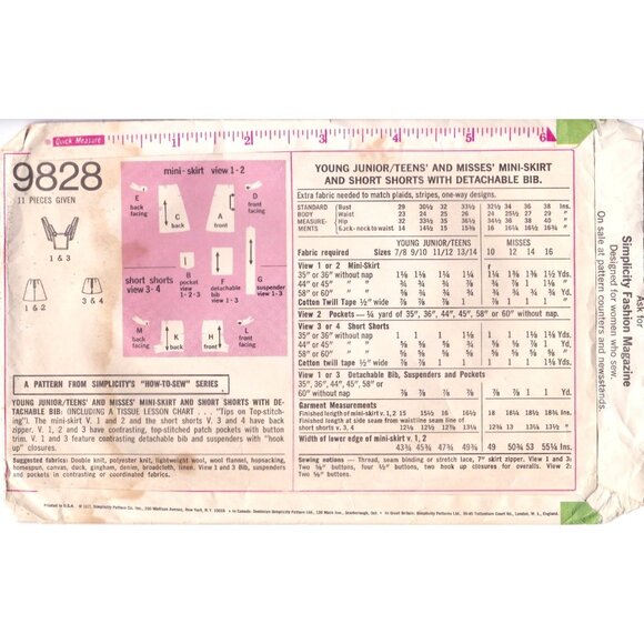 Simplicity 9828 Vintage Sewing Pattern 1970s Mini-Skirt & Shorts With Detachable - Picture 2 of 2